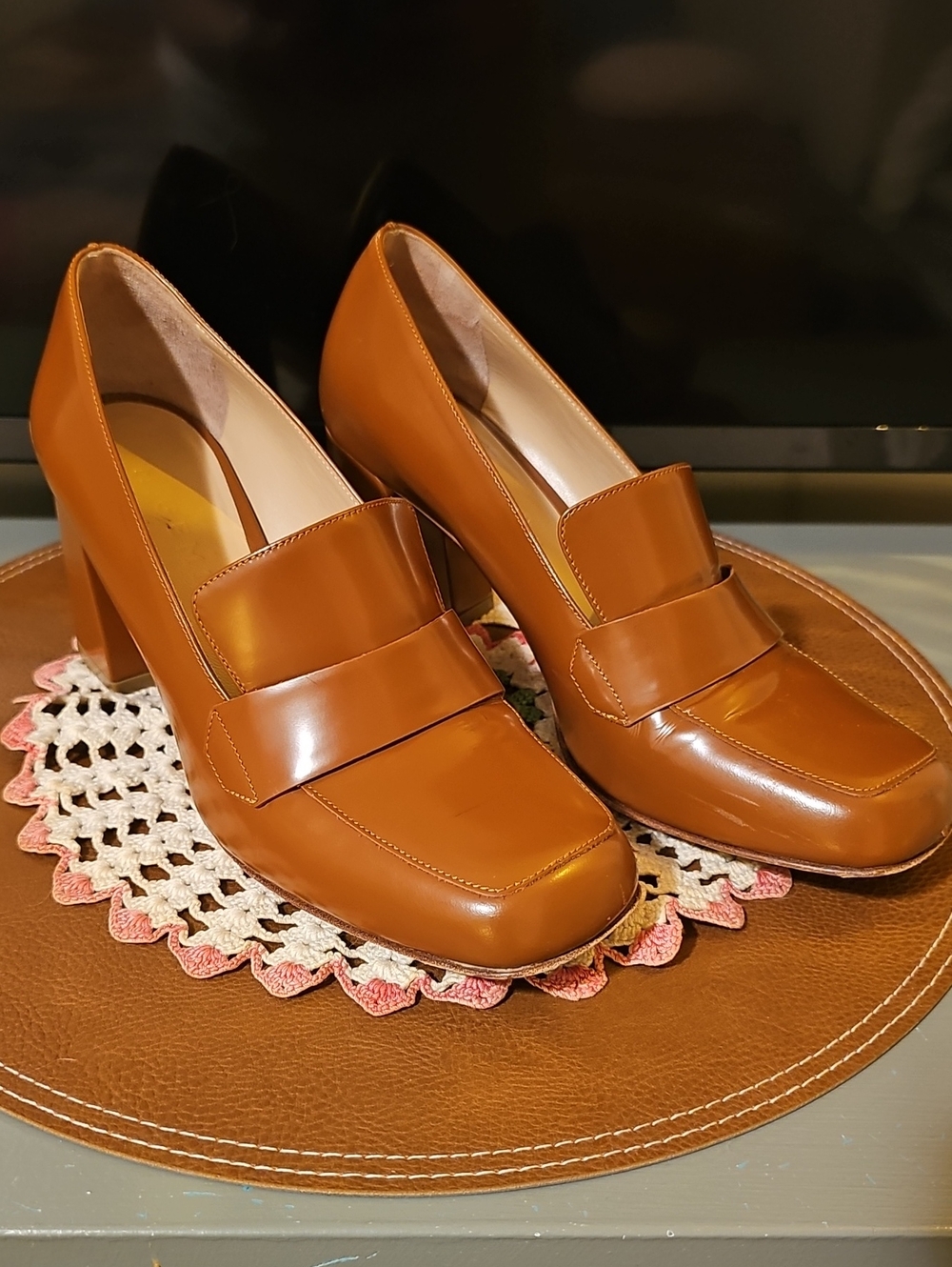M. Gemi Cognac Leather Block Heel Loafers